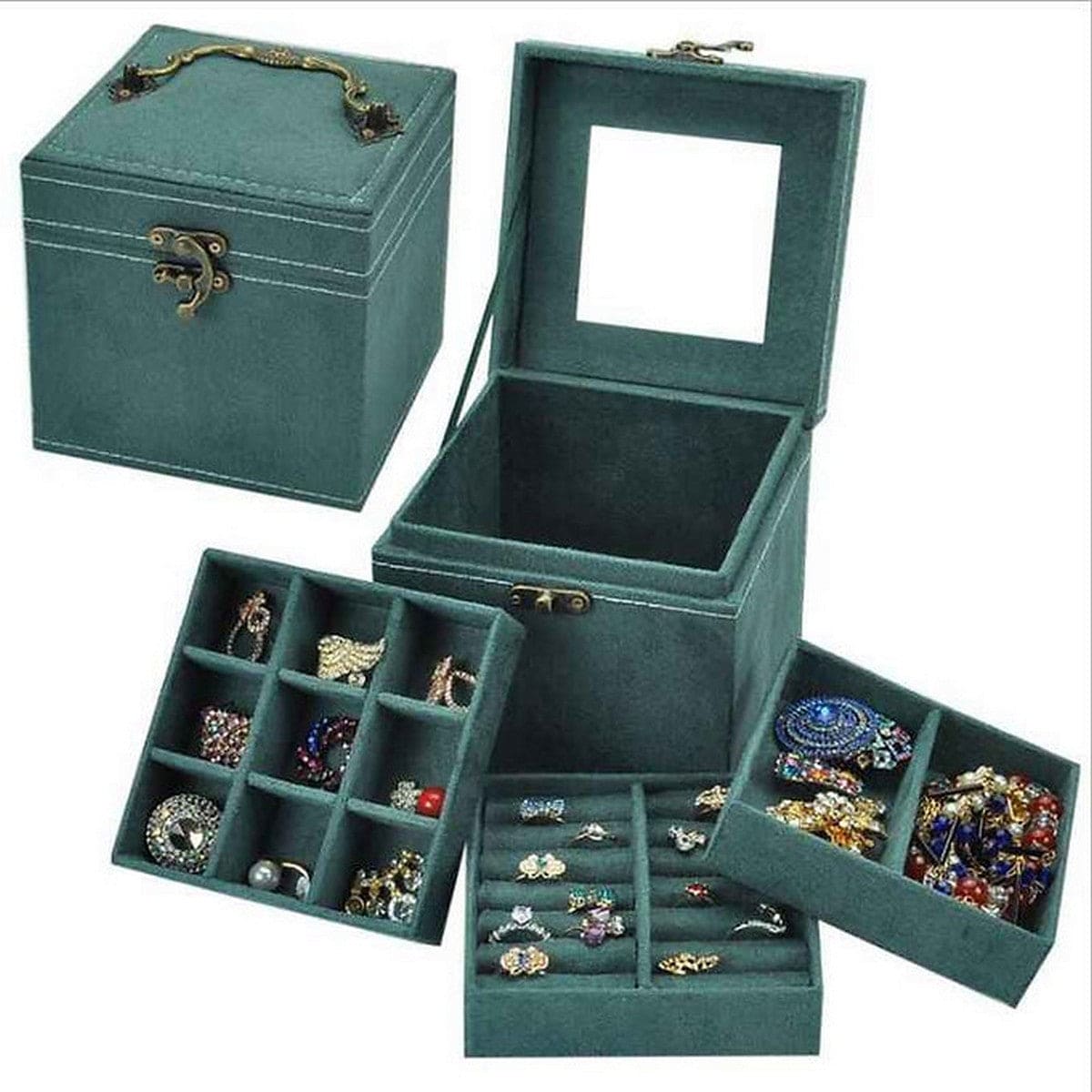 Three Layer Velvet Jewelry Box with Mirror and Decorative Handle