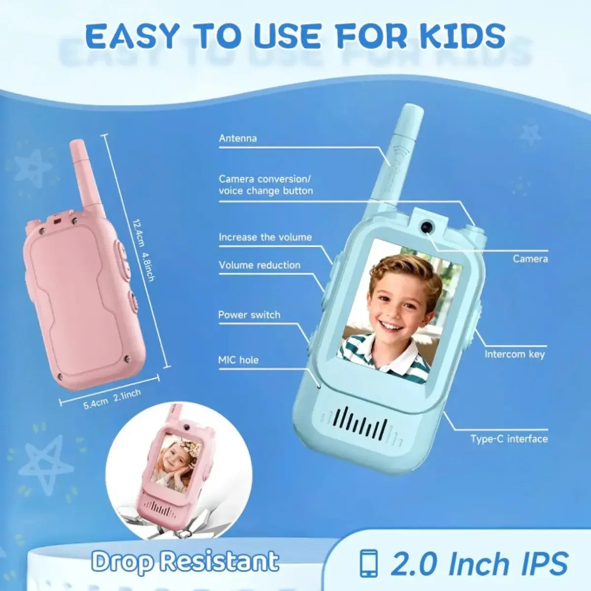 2-piece rechargeable kids video walkie talkie set for interactive communication