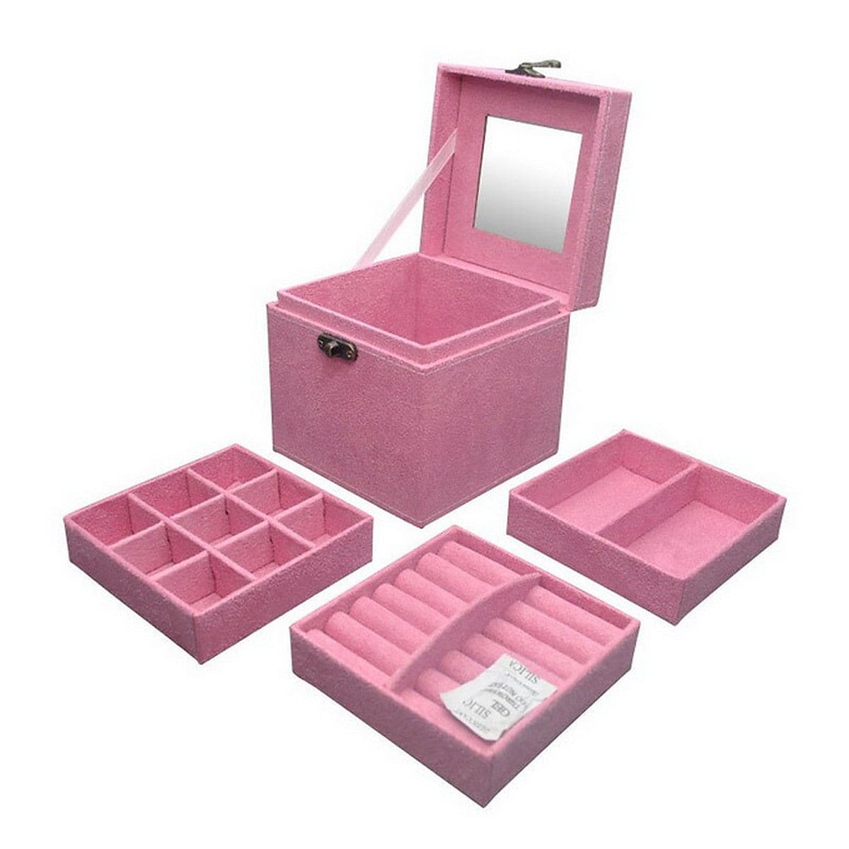 Three Layer Velvet Jewelry Box with Mirror and Decorative Handle