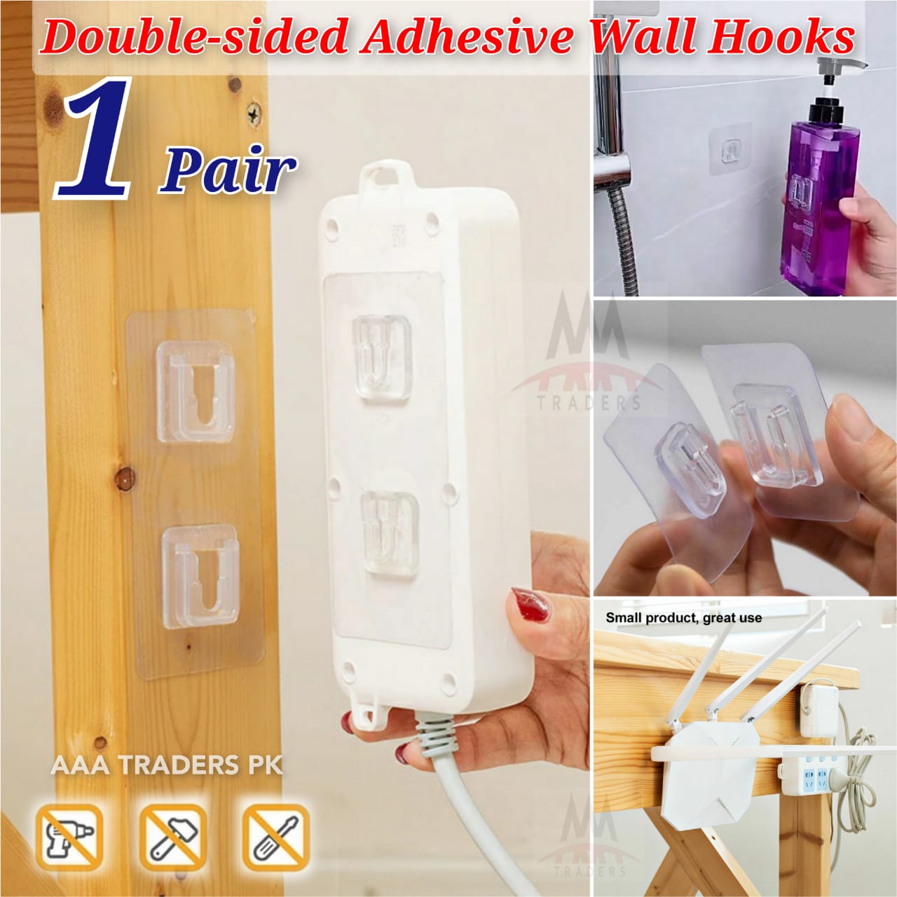 1 Pair Double-sided Adhesive Wall Hooks Suction Cup Hooks stick hook Heavy Duty Sticky Wall & Ceiling & Door Nail Free Clear Hook for Bathroom and Kitchen No Scratch Waterproof and Oilproof Sticker