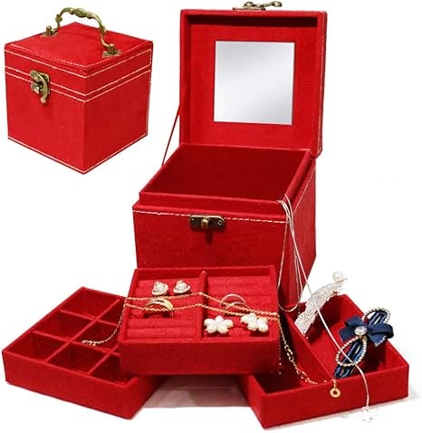 Three Layer Velvet Jewelry Box with Mirror and Decorative Handle