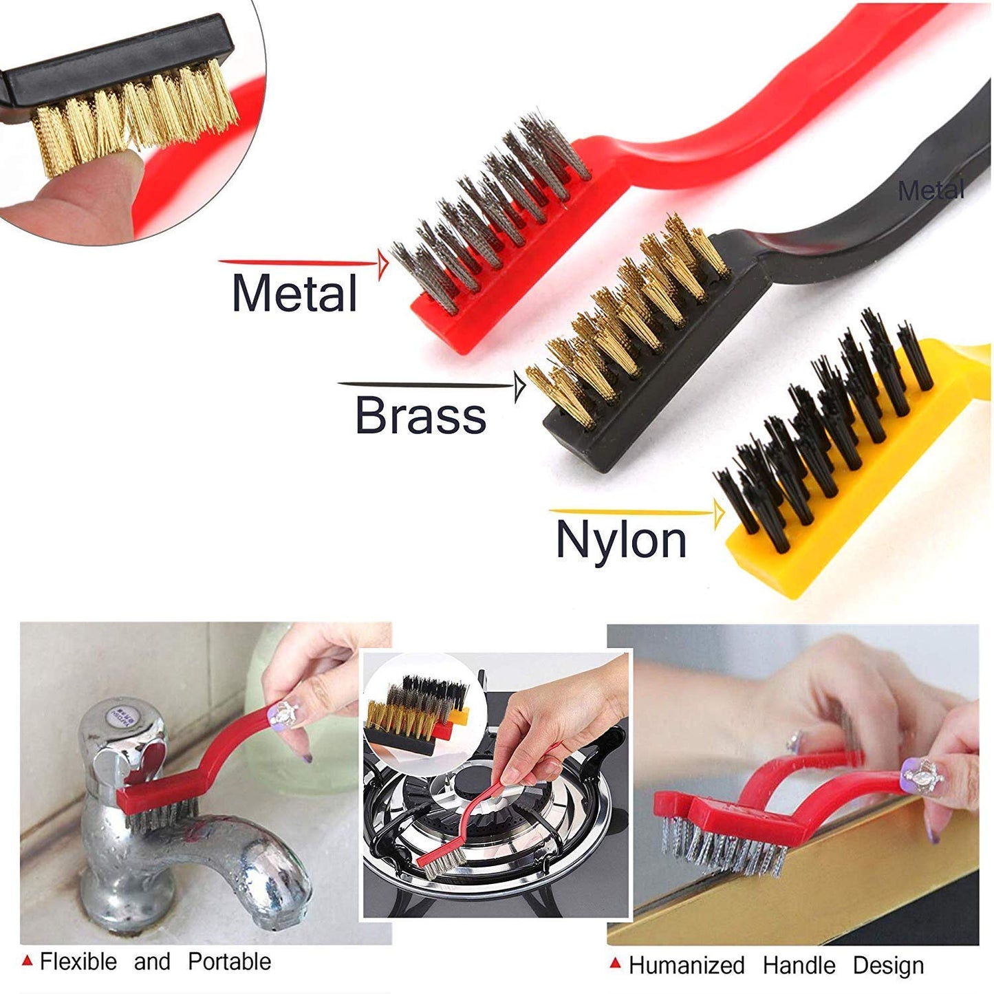 3 Pcs Mini Wire Brush Set Steel Brass Nylon Brush Cleaning Metal Rust Clean Deliverrpk