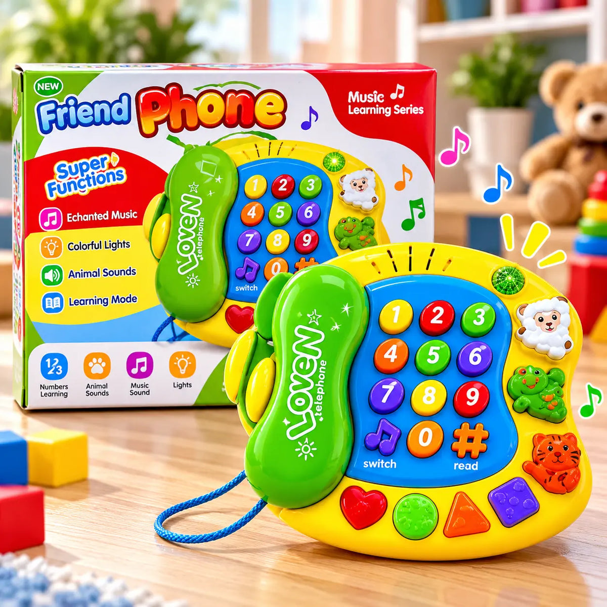 Interactive educational phone toy for kids with green handset, number keys, animal buttons, musical controls, and colorful flashing features