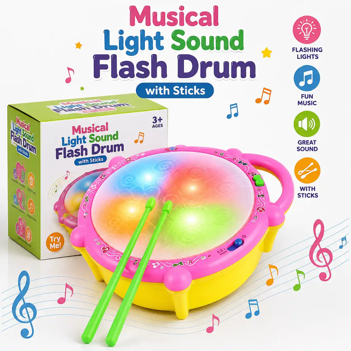 Musical Light Sound Flash Drum with Sticks