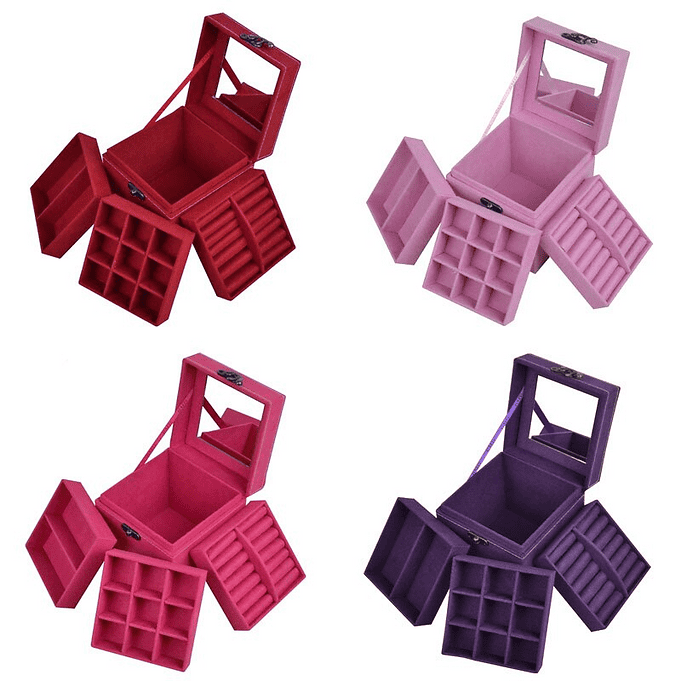 Three Layer Velvet Jewelry Box with Mirror and Decorative Handle