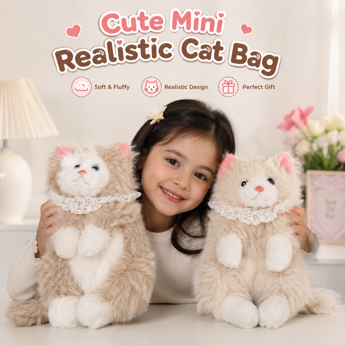 Cute realistic plush cat shoulder bag with soft fur and adjustable strap for kids