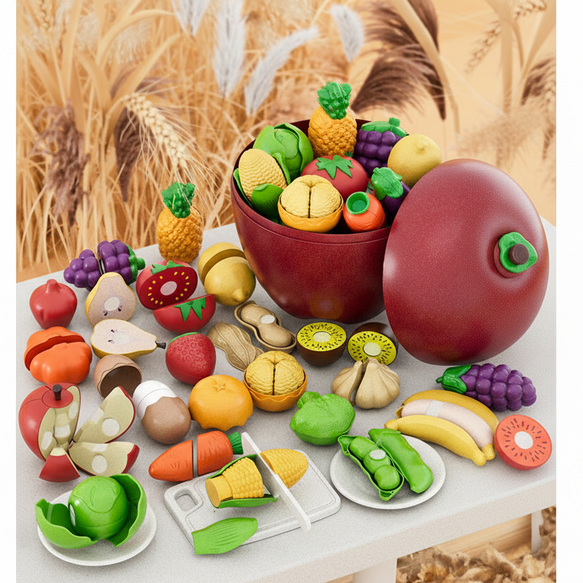 Colorful toy fruits and vegetables set on a table with a bowl of fruits, surrounded by wheat.