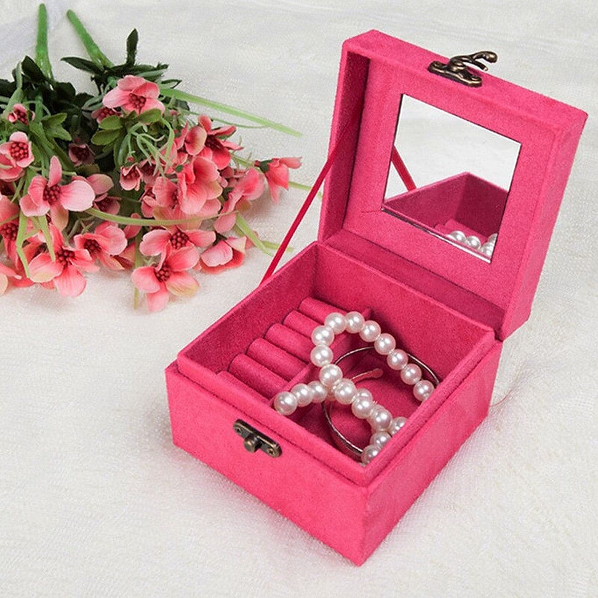 Three Layer Velvet Jewelry Box with Mirror and Decorative Handle