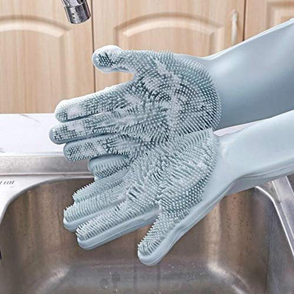 Magic Dish washing Gloves with scrubber, Silicone Cleaning Reusable Scrub Gloves for Wash Dish,Kitchen, Bathroom(Blue,1 Pair: Right + Left Hand) Deliverrpk