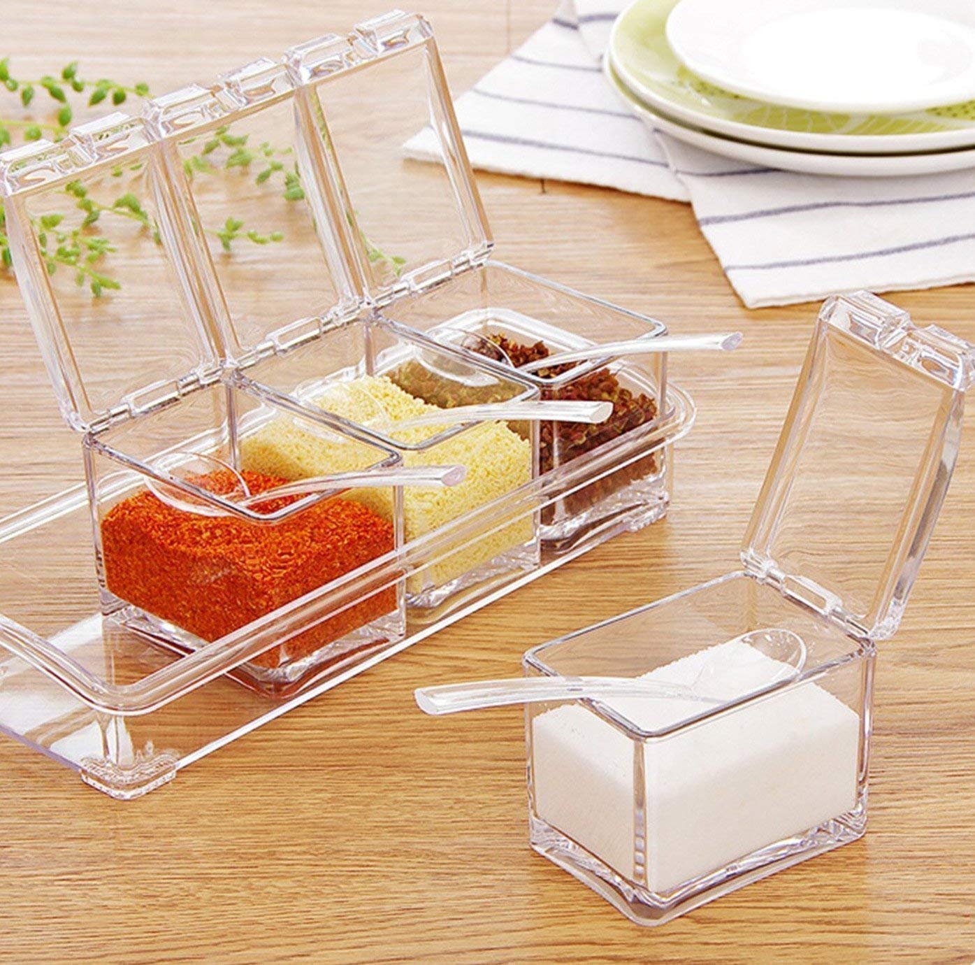 Clear Seasoning Rack Spice Pots - 4pcs Crystal Spice Box/Masala Box/Seasoning Box/Multipurpose Box with Spoons - Deliverrpk