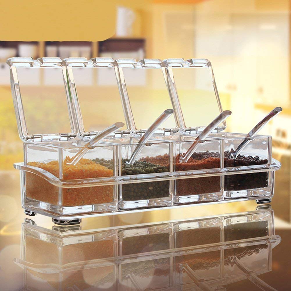 Clear Seasoning Rack Spice Pots - 4pcs Crystal Spice Box/Masala Box/Seasoning Box/Multipurpose Box with Spoons - Deliverrpk