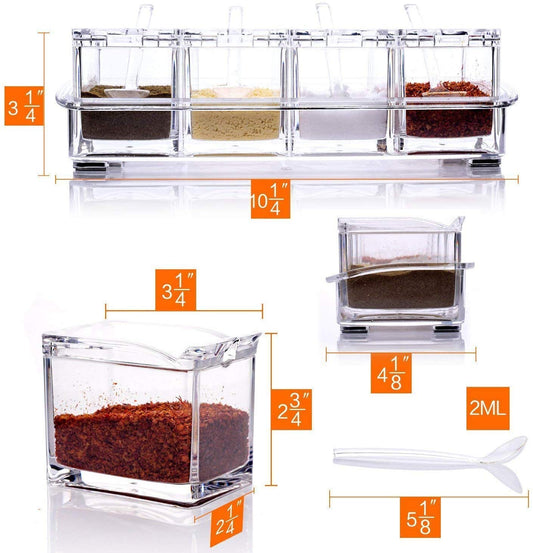 Clear Seasoning Rack Spice Pots - 4pcs Crystal Spice Box/Masala Box/Seasoning Box/Multipurpose Box with Spoons - Deliverrpk