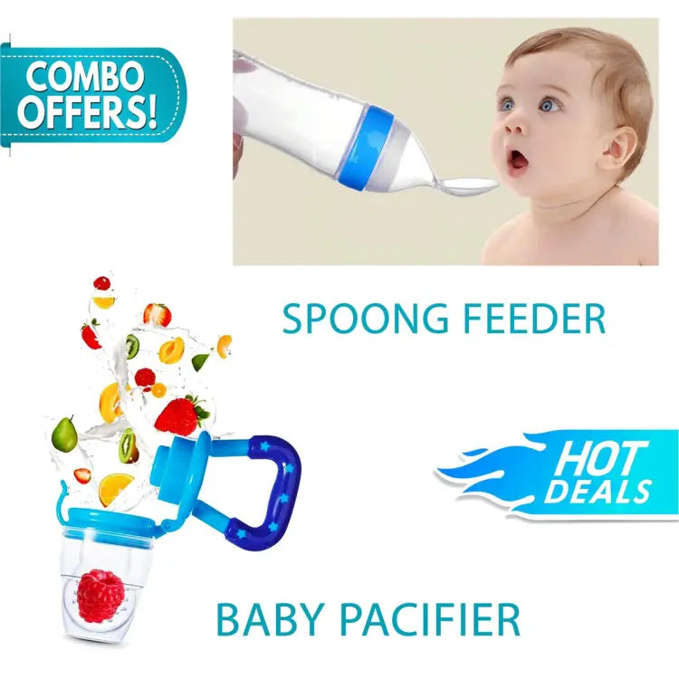 Combo Pack Baby Spoon Feeder Silicone Bottle Feeding Toddler Silicone Squeeze baby Bottle Spoon Milk Bottle Training Feeder Food Supplement With Fruit Pacifier - Deliverrpk