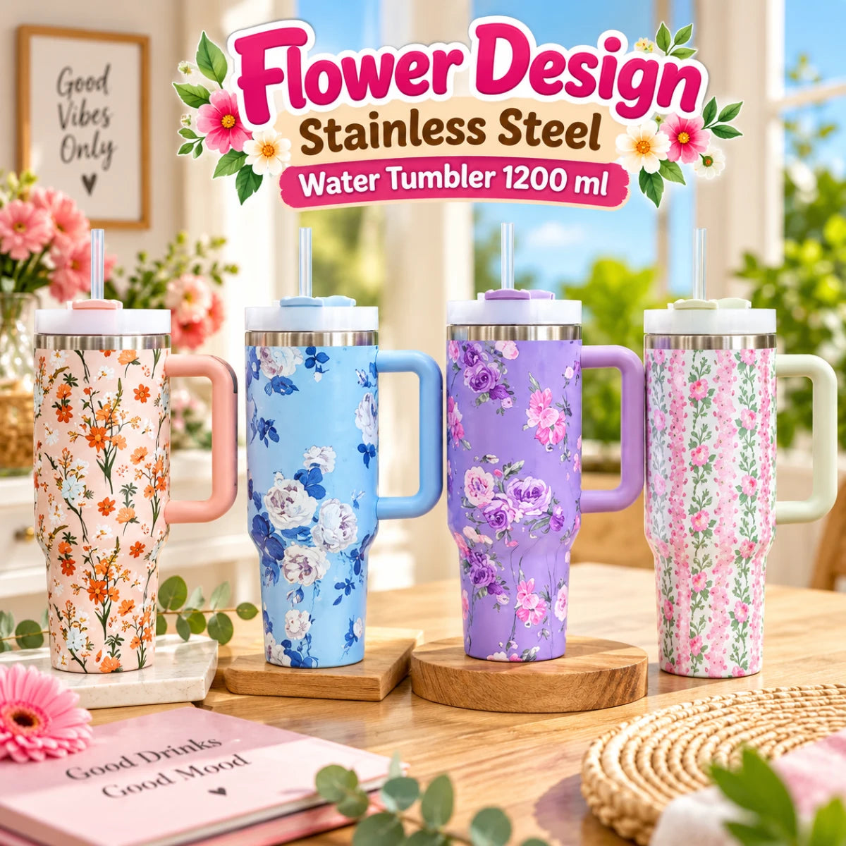 Flower Design Stainless Steel Water Tumbler 1200 ml