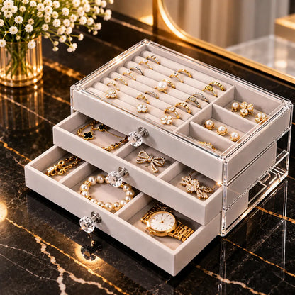 3 Drawer Jewellery Storage Box Gray | Jewelry Organizer