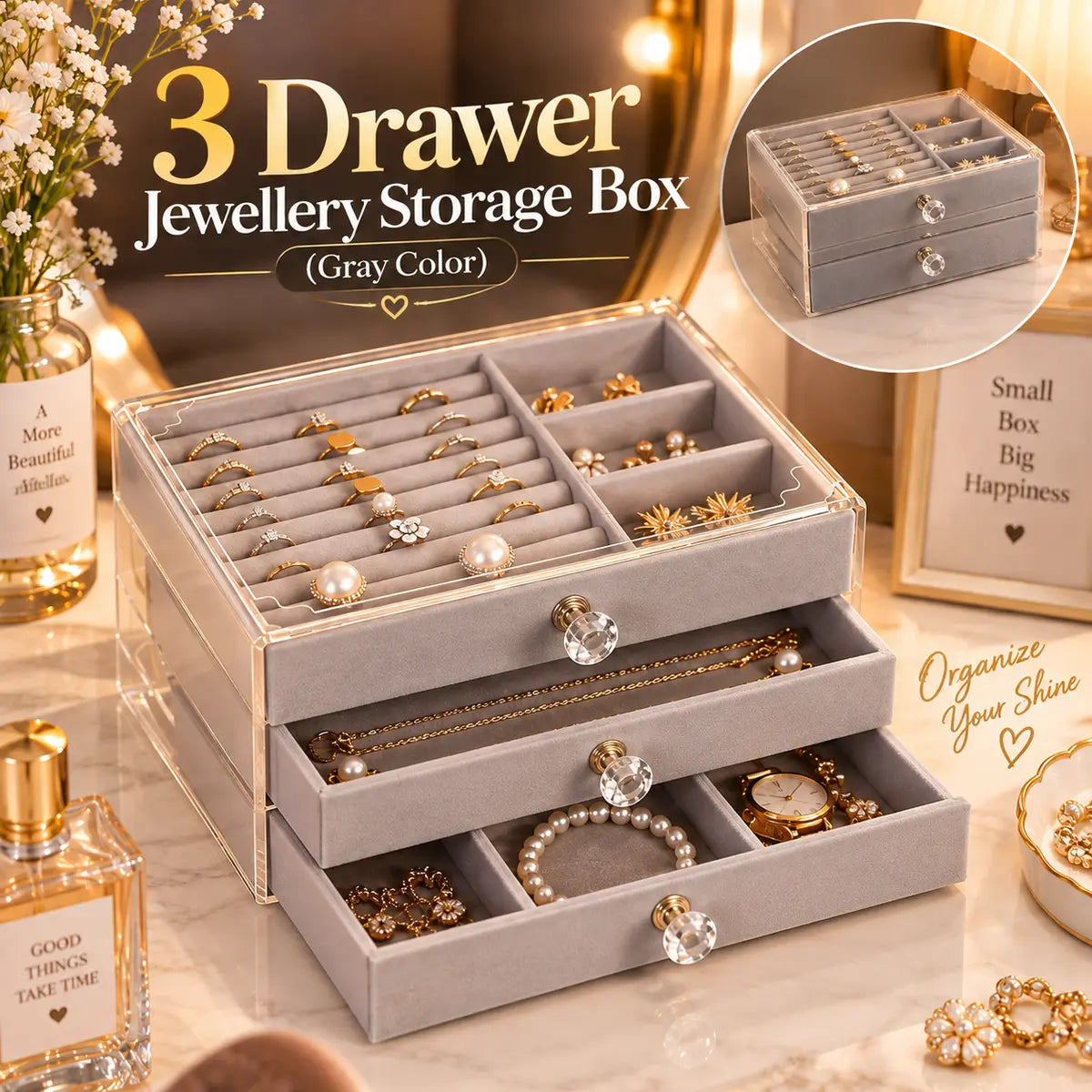 3 Drawer Jewellery Storage Box Gray | Jewelry Organizer