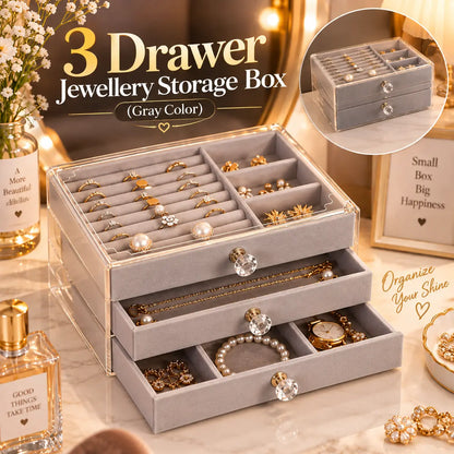 3 Drawer Jewellery Storage Box Gray | Jewelry Organizer