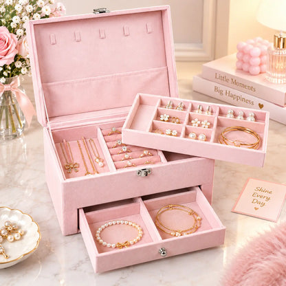 3 Layer jewellery Organizer box with multiple compartments for rings necklaces and earrings 