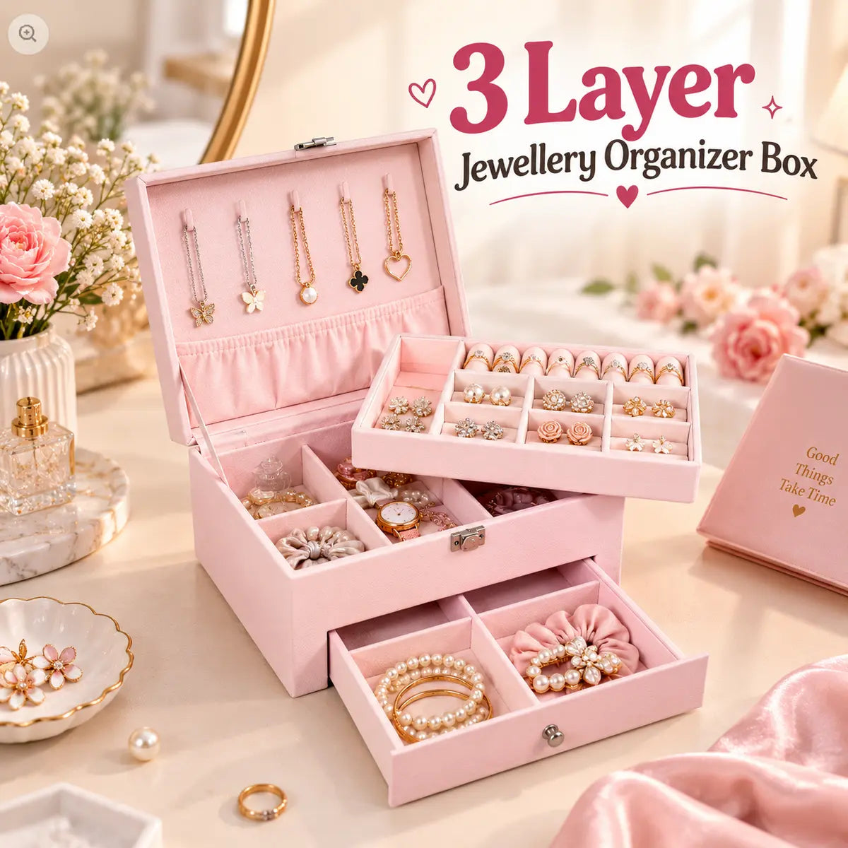 3 Layer jewellery Organizer box with multiple compartments for rings necklaces and earrings 