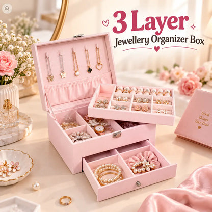 3 Layer jewellery Organizer box with multiple compartments for rings necklaces and earrings 