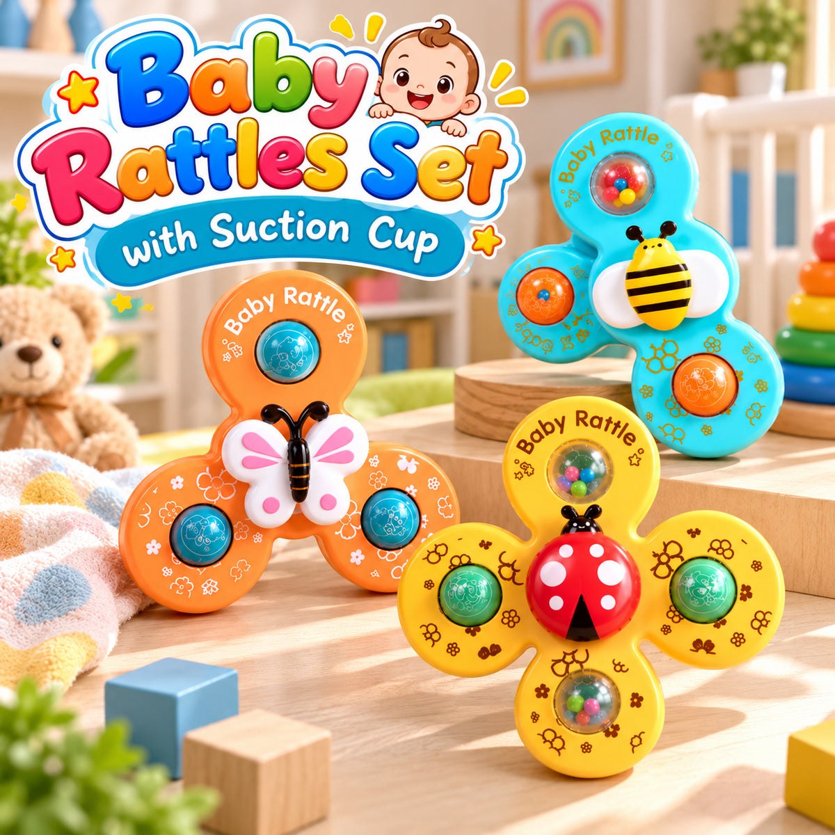 3 in 1 Baby Rattles Set with Suction Cup Spinner Toy