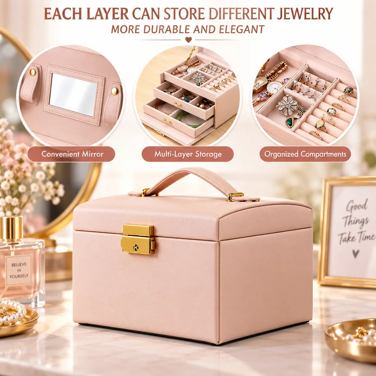 3-Layer Jewelry Organizer Box with Lock for Jewelry Storage
