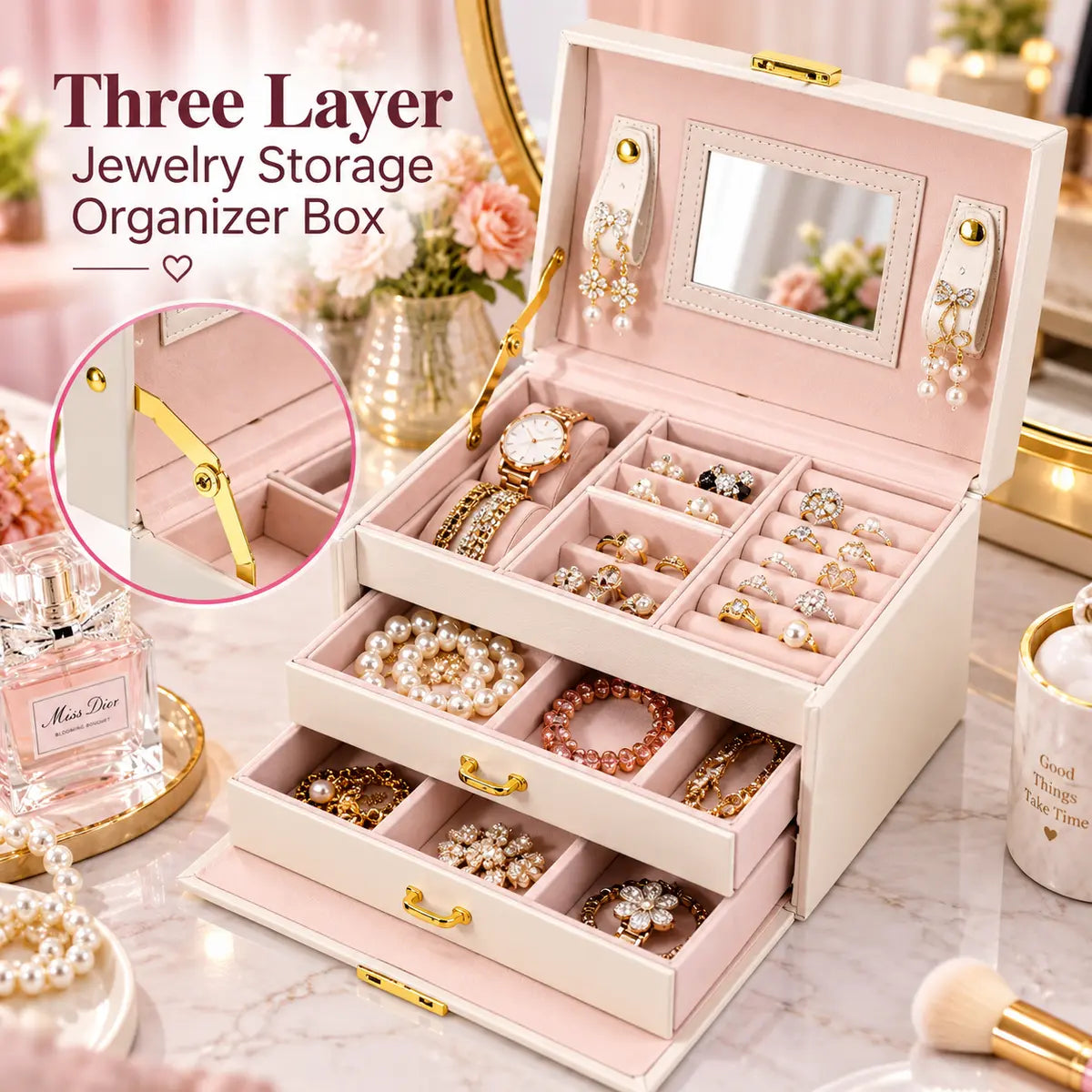 3-Layer Jewelry Organizer Box with Lock for Jewelry Storage