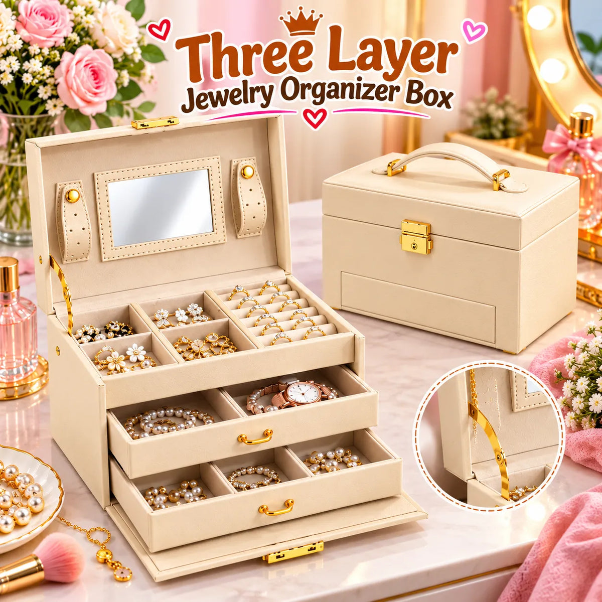 3-Layer Jewelry Organizer Box with Lock for Jewelry Storage
