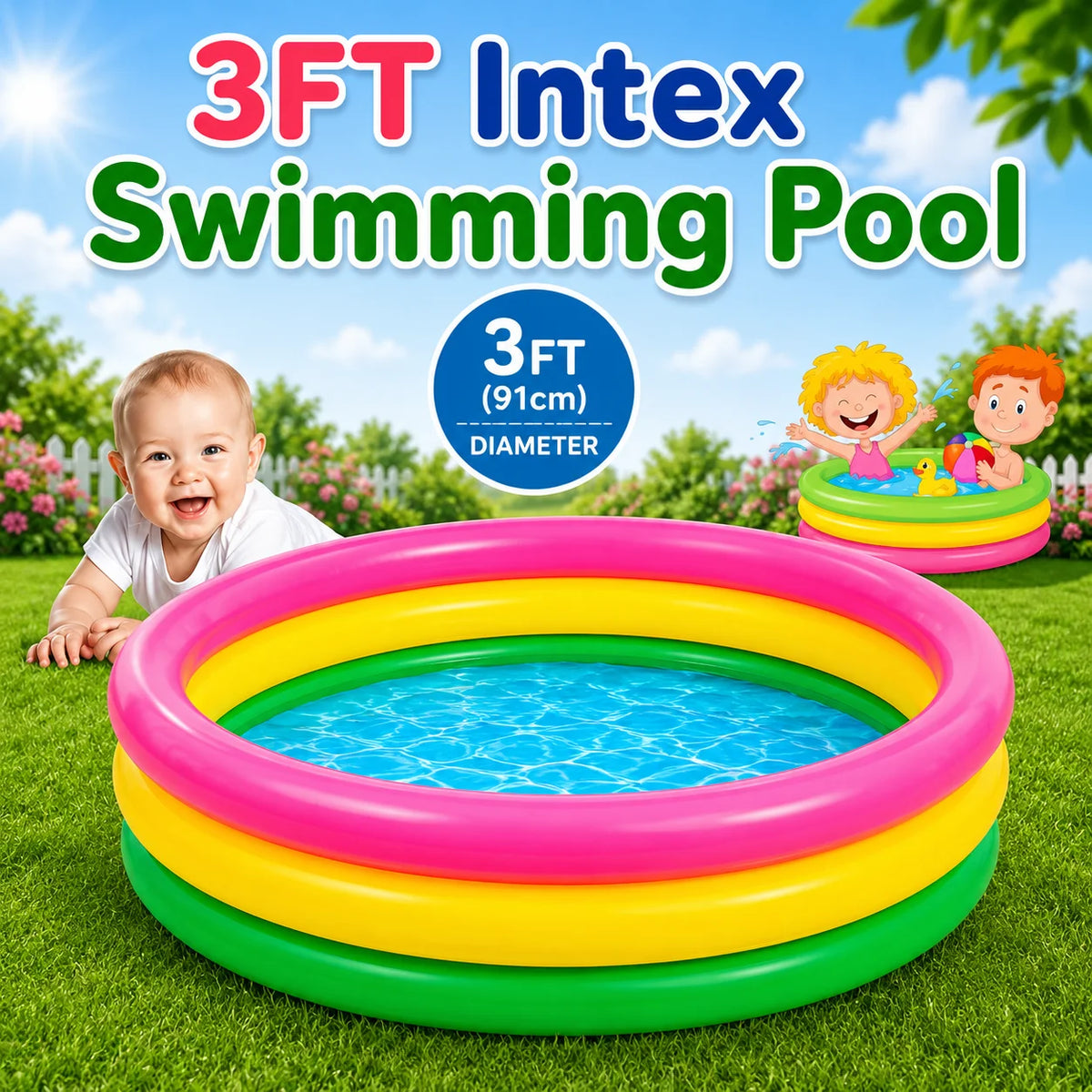 Child playing in a colorful inflatable pool on a sunny day