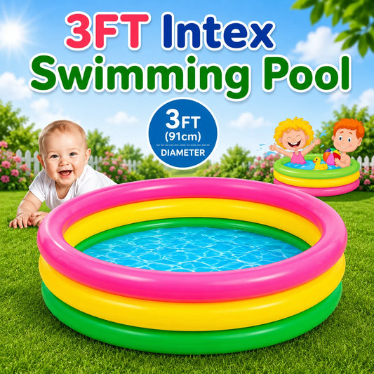 Child playing in a colorful inflatable pool on a sunny day
