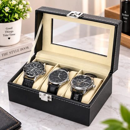 Three Slot Watch Box for Watch Storage and Organization