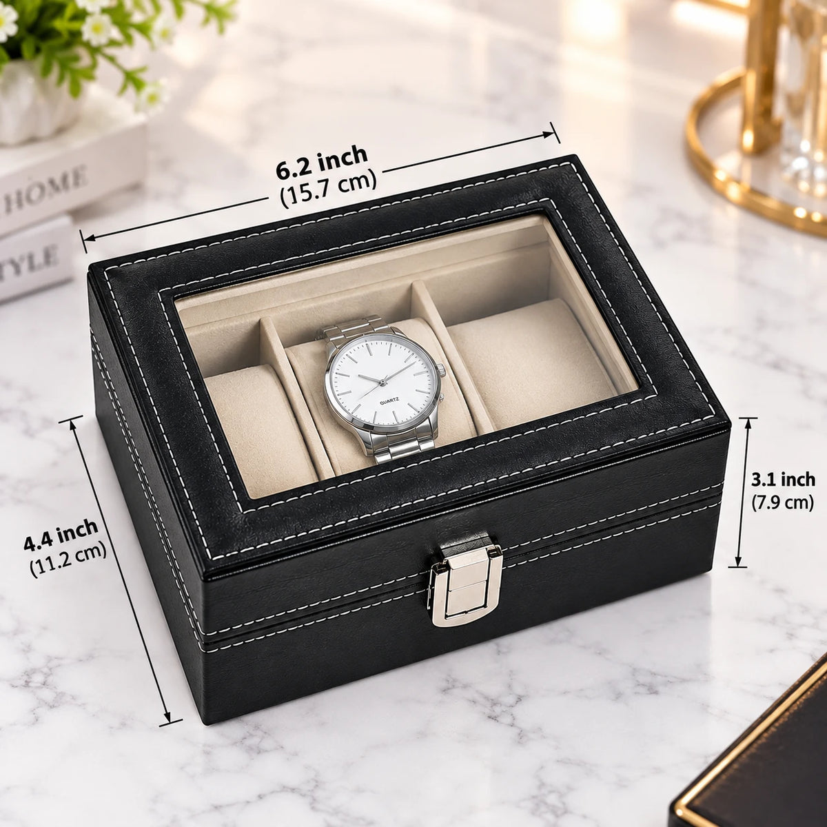 Three Slot Watch Box for Watch Storage and Organization