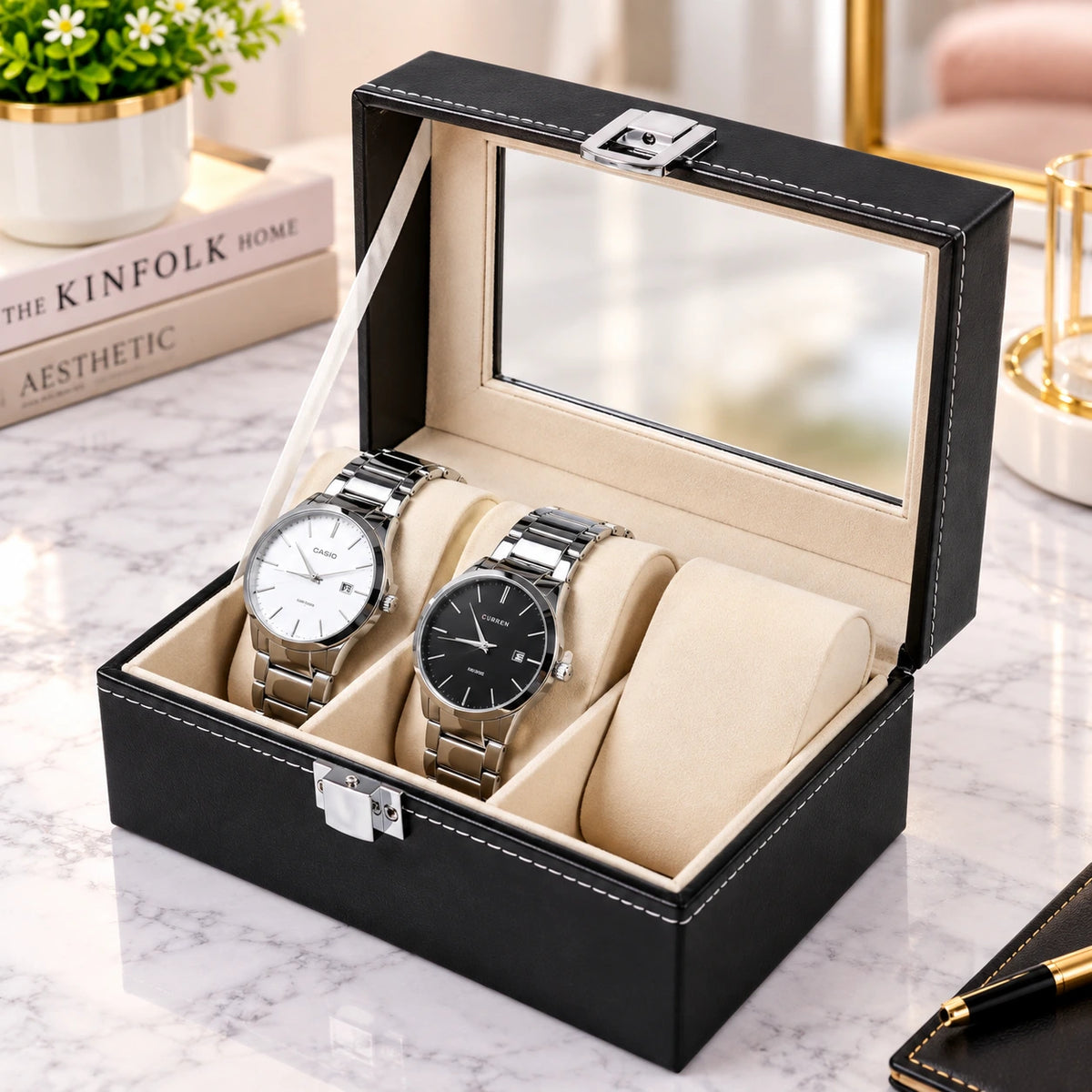 Three Slot Watch Box for Watch Storage and Organization