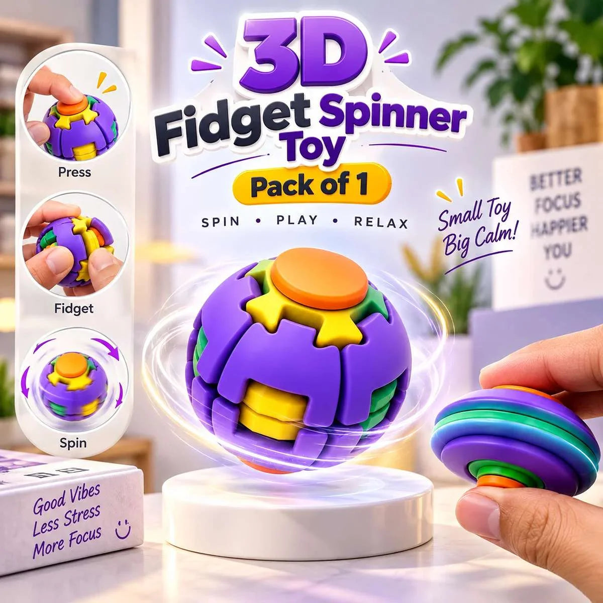 Colorful 3D Printed Spin Fidget Ball Toy for Kids