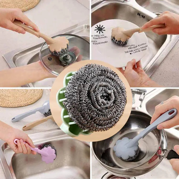 Stainless Steel Long Handle Wire Ball Brush Kitchen Hanging Cleaning Brush Pan Kitchen Dish Handle Washing Tool - Deliverrpk