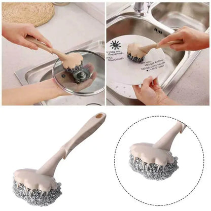 Stainless Steel Long Handle Wire Ball Brush Kitchen Hanging Cleaning Brush Pan Kitchen Dish Handle Washing Tool - Deliverrpk