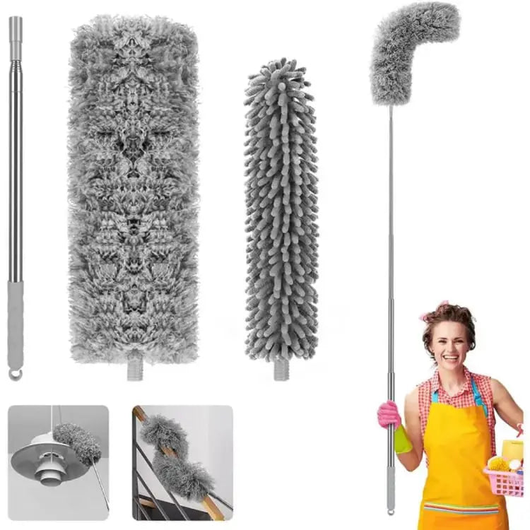 Microfiber Duster Extendable with 2m Extra Long Handle, Hand Duster, Bendable Head and Chenille Head, Washable Feather Dusters for Cleaning Cobwebs Ceilings Fans Cars - Deliverrpk