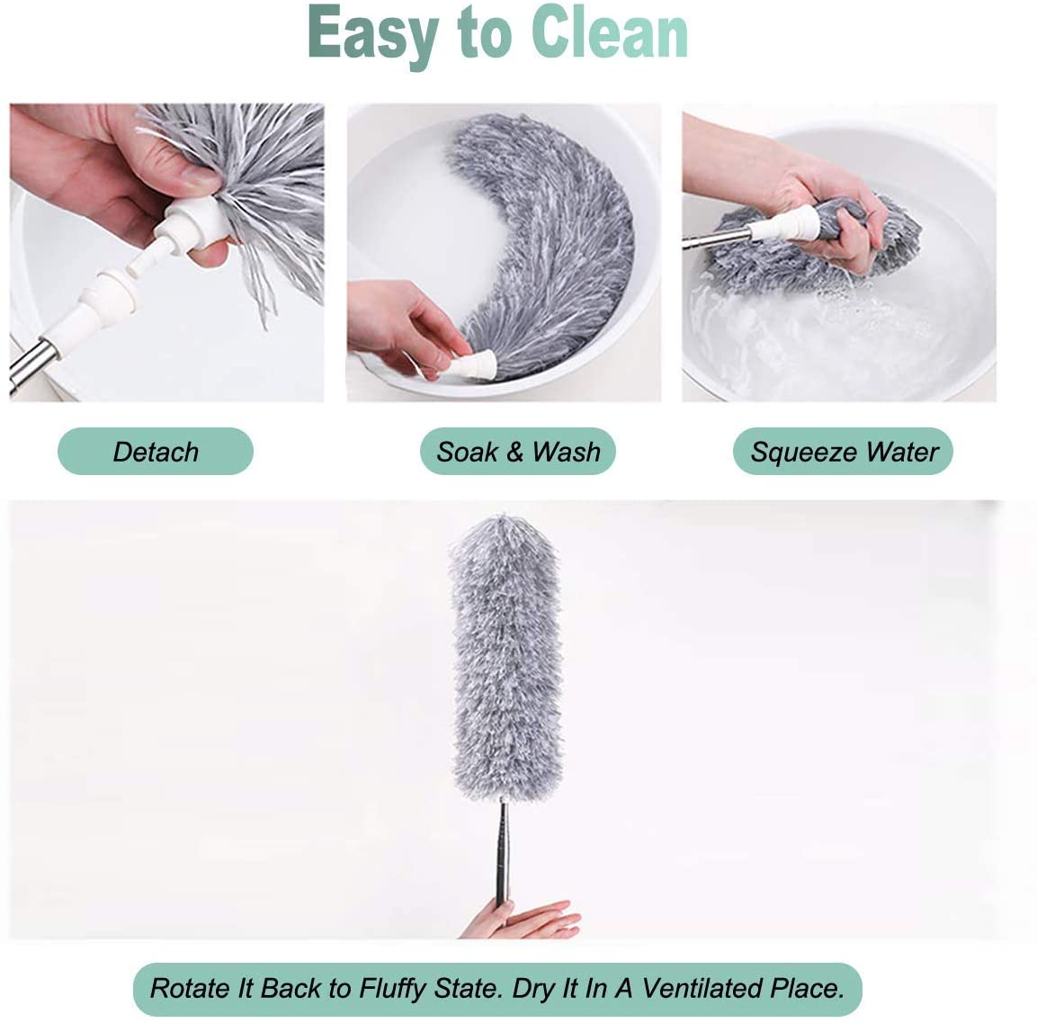 Microfiber Duster Extendable with 2m Extra Long Handle, Hand Duster, Bendable Head and Chenille Head, Washable Feather Dusters for Cleaning Cobwebs Ceilings Fans Cars - Deliverrpk