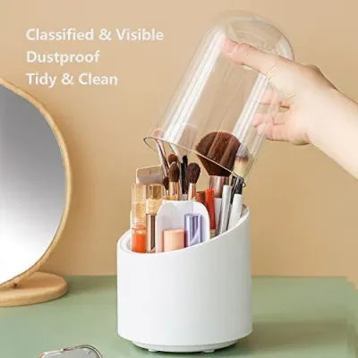 Makeup Brush Holder, 360 Rotating Makeup Organizer with Clear Cover Cosmetics Storage Display Case, with 7 Compartments - Deliverrpk