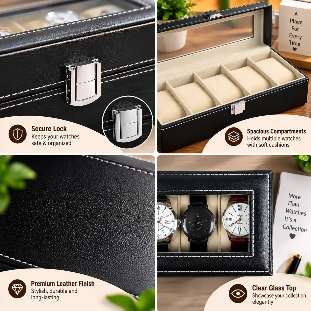 6 Slot Watch Organizer Box for Watch Storage and Display