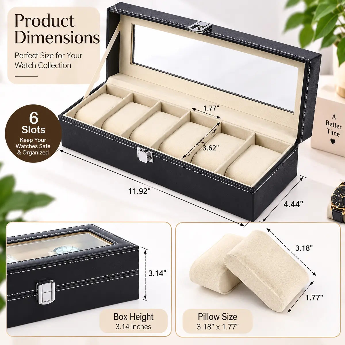 6 Slot Watch Organizer Box for Watch Storage and Display