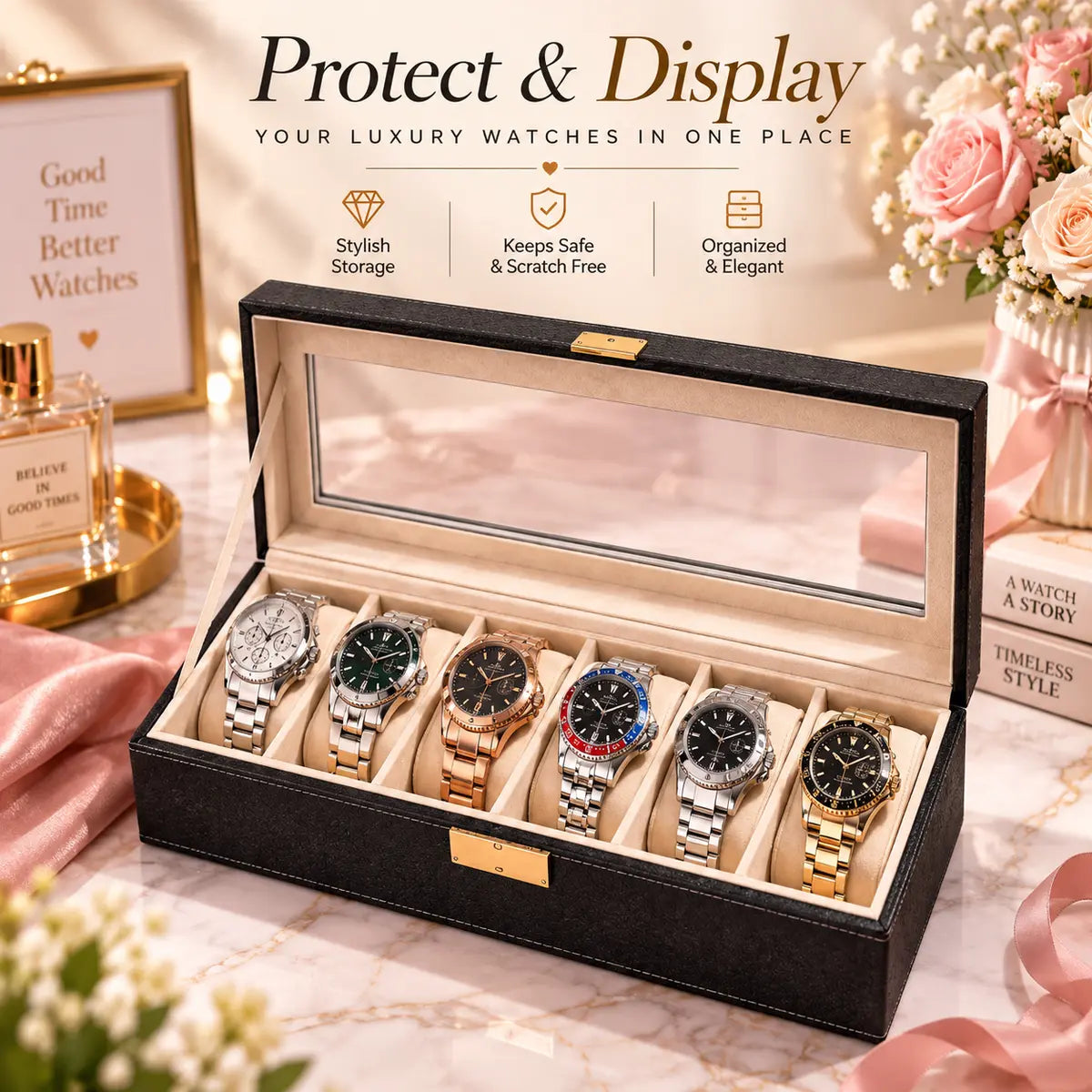 6 Slot Watch Organizer Box for Watch Storage and Display