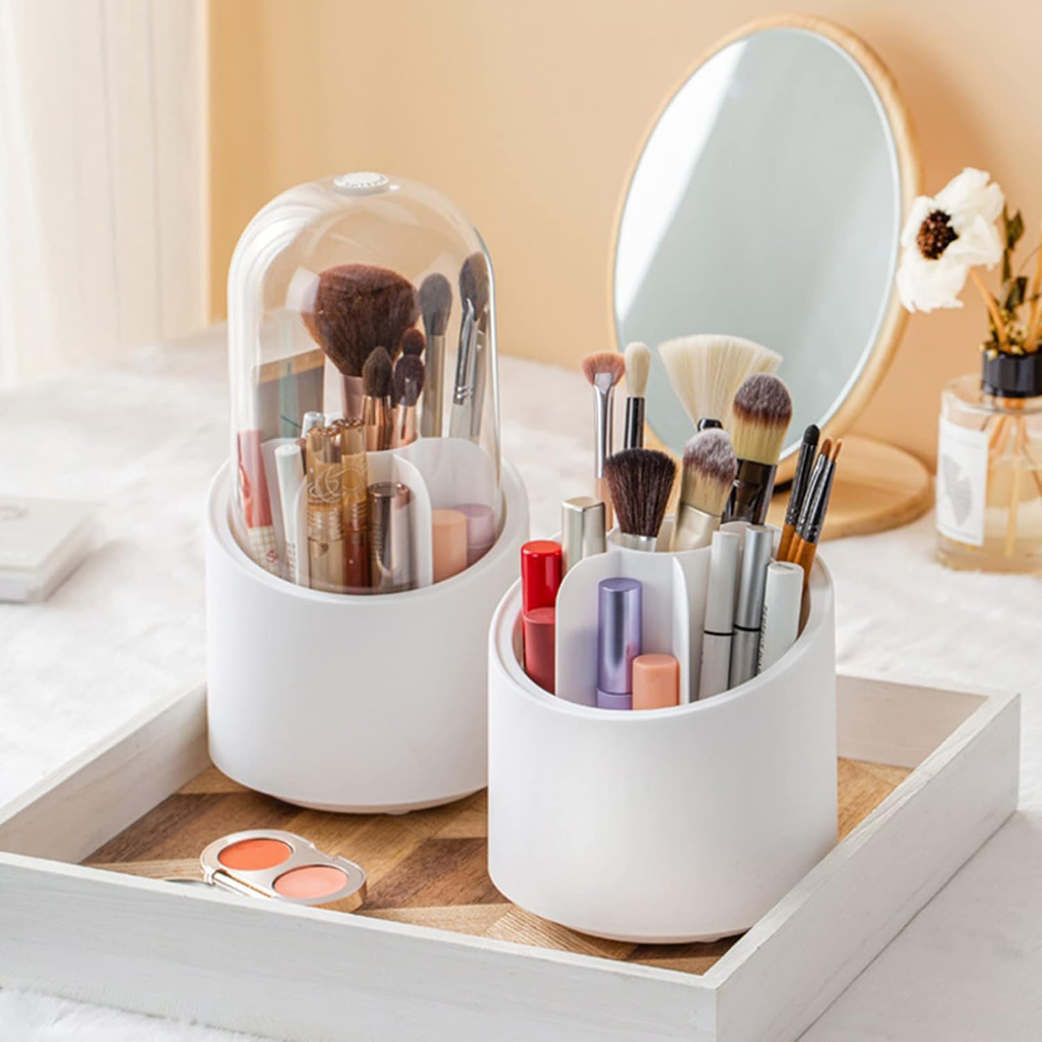 Makeup Brush Holder, 360 Rotating Makeup Organizer with Clear Cover Cosmetics Storage Display Case, with 7 Compartments - Deliverrpk