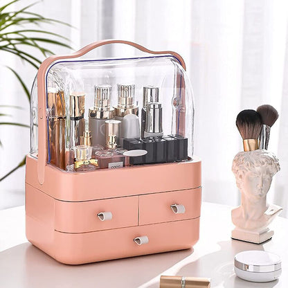 Modern Cosmetic Organizer Makeup Storage Holder, Display Make up Caddy Shelf Organization Boxes Case Dustproof, Handle and Drawer on Countertop - Deliverrpk