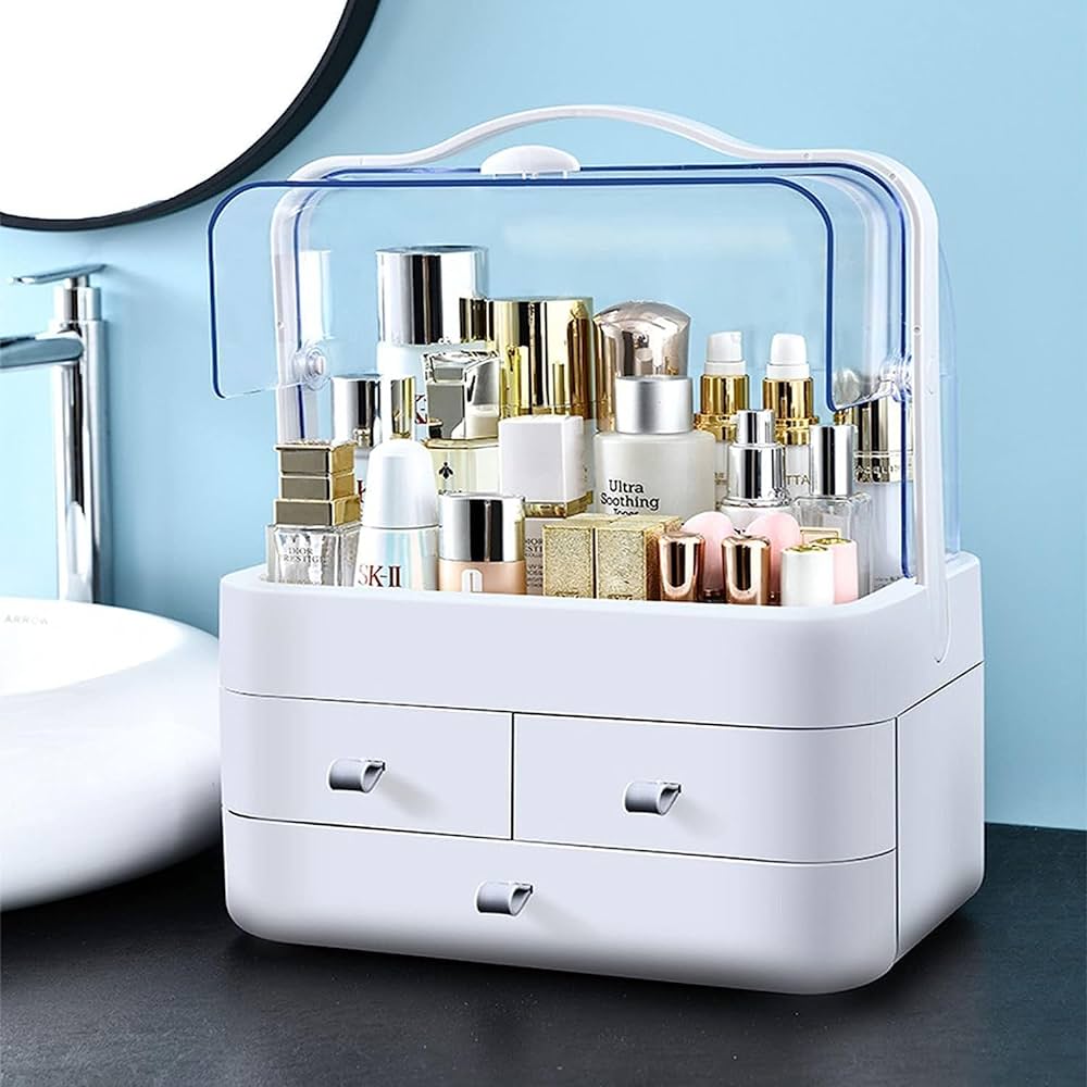 Modern Cosmetic Organizer Makeup Storage Holder, Display Make up Caddy Shelf Organization Boxes Case Dustproof, Handle and Drawer on Countertop - Deliverrpk