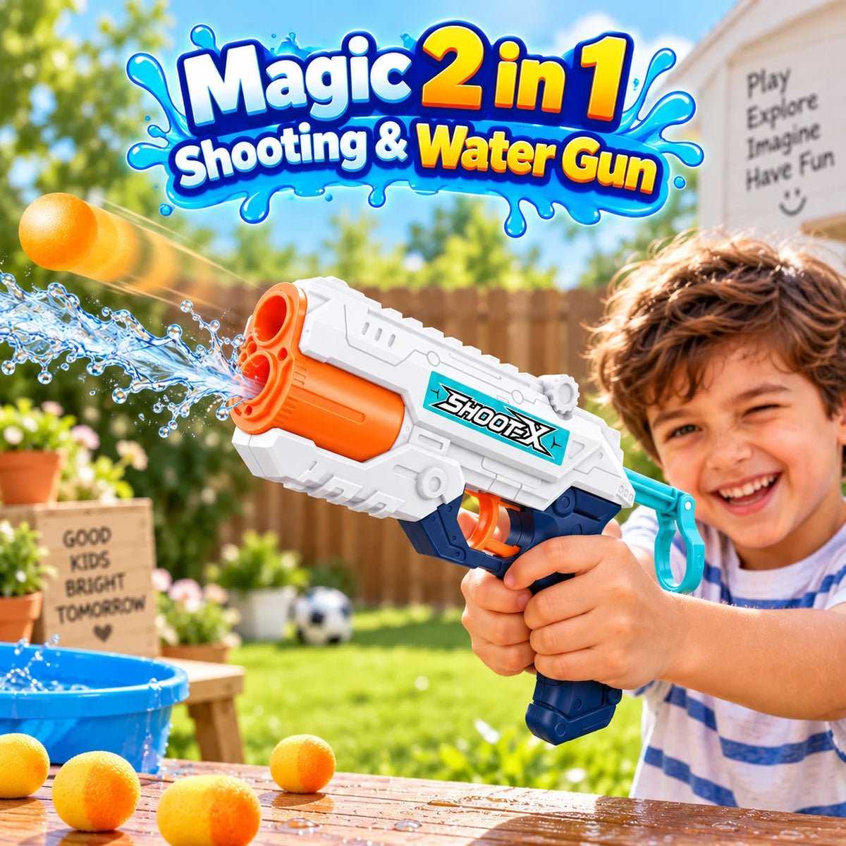 Child playing with a water gun labeled 'SHOOT FX' in an outdoor setting.
