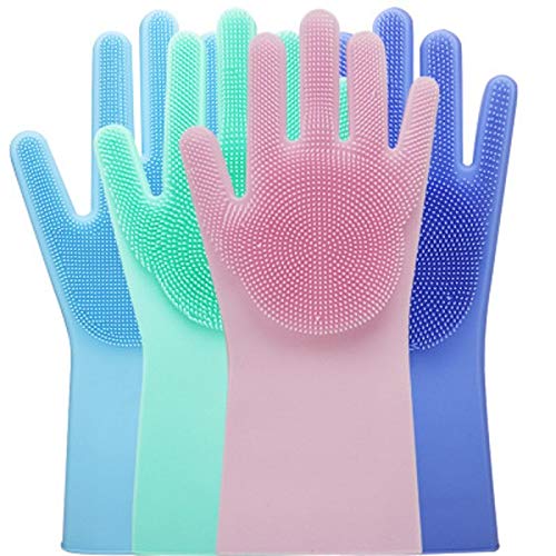 Magic Dish washing Gloves with scrubber, Silicone Cleaning Reusable Scrub Gloves for Wash Dish,Kitchen, Bathroom(Blue,1 Pair: Right + Left Hand) Deliverrpk