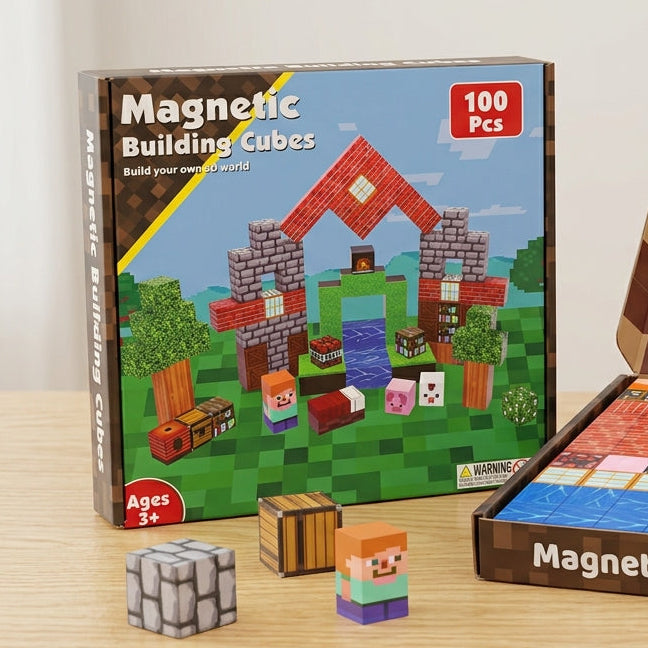 Magnetic building cubes set with packaging on a wooden surface