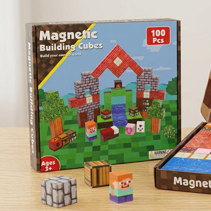 Magnetic building cubes set with packaging on a wooden surface