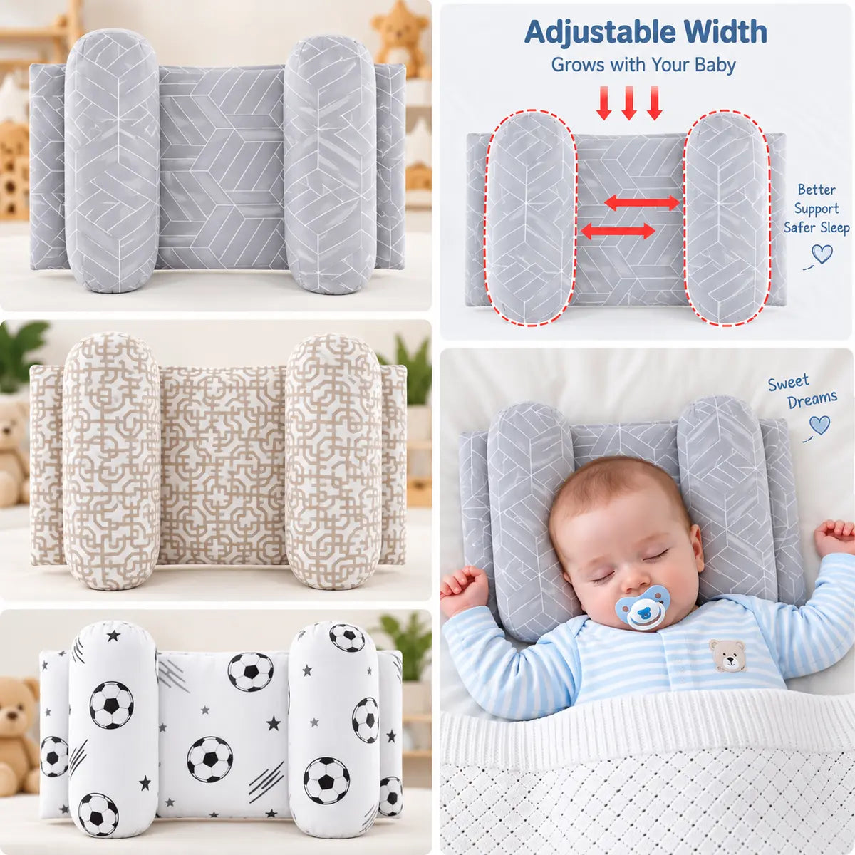Adjustable baby head shaping soft pillow with cushioned side supports
